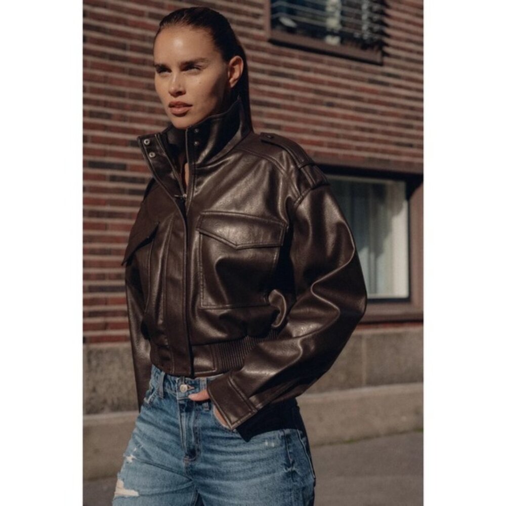 ZARA FAUX LEATHER CROPPED JACKET - Picture 6 of 12